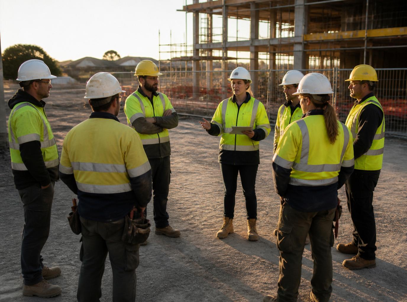 WHS safety advisor leading a pre-start toolbox meeting with tradies on an Australian construction site