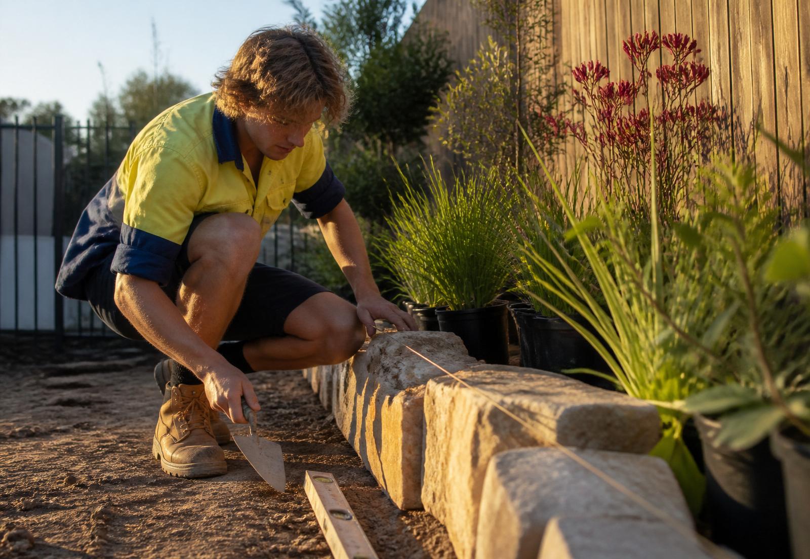Australian landscape construction crew laying sandstone pavers and planting native gardens on a Brisbane residential site