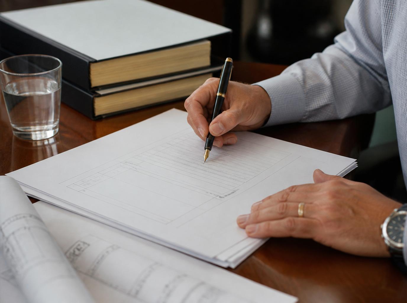 Contract administrator signing a head-contract document on a timber desk
