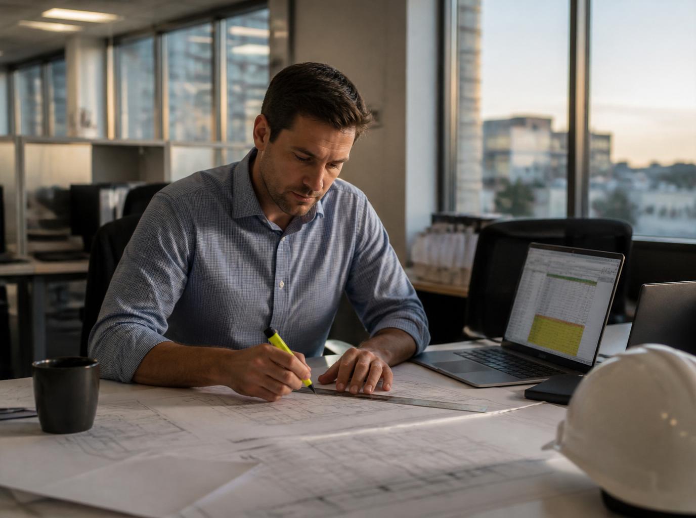 Australian estimator marking up architectural drawings beside a laptop spreadsheet