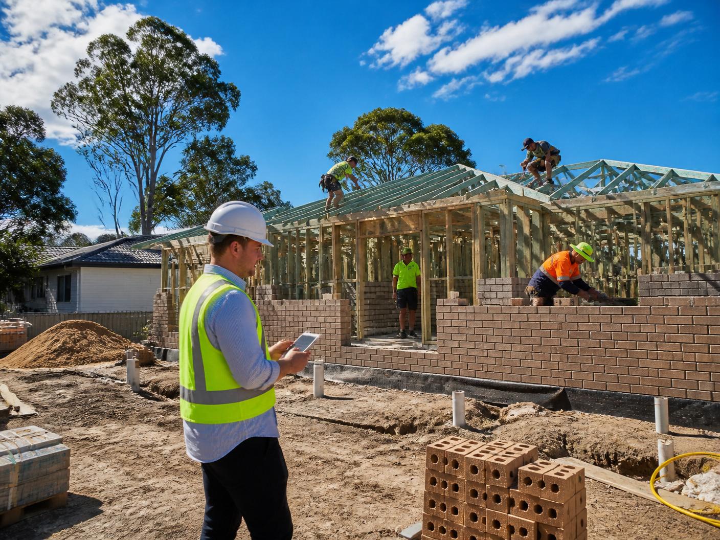 Australian low-rise residential construction site with chippies, brickies and a site supervisor on a Brisbane build